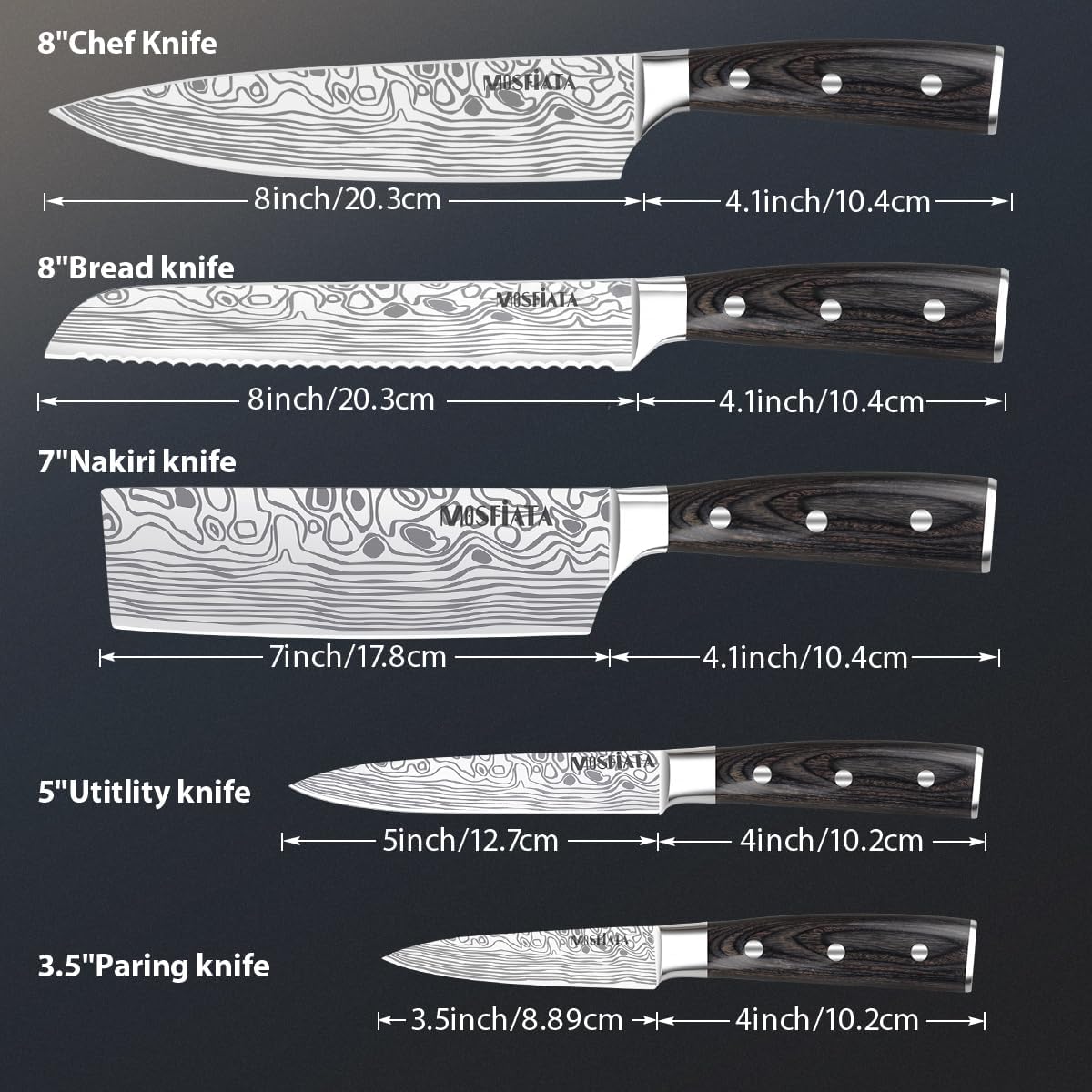 MOSFiATA 5 PCS Chef Knife Set, German High Carbon Stainless Steel Kitchen Knife Set with Sharpener Rod，5PCS Blade Guard,Wood Handle Knives Set for Kitchen with Gift Box - Image 4