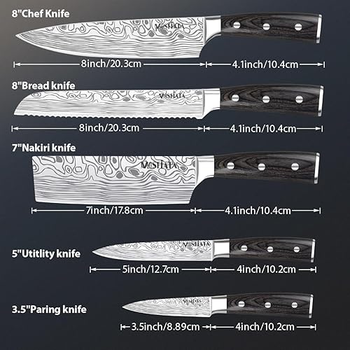 Miniatura 4 de MOSFiATA - Juego de 5 cuchillos de chef, juego de cuchillos de cocina de acero inoxidable de alto carbono alemán con varilla afiladora, juego de 5