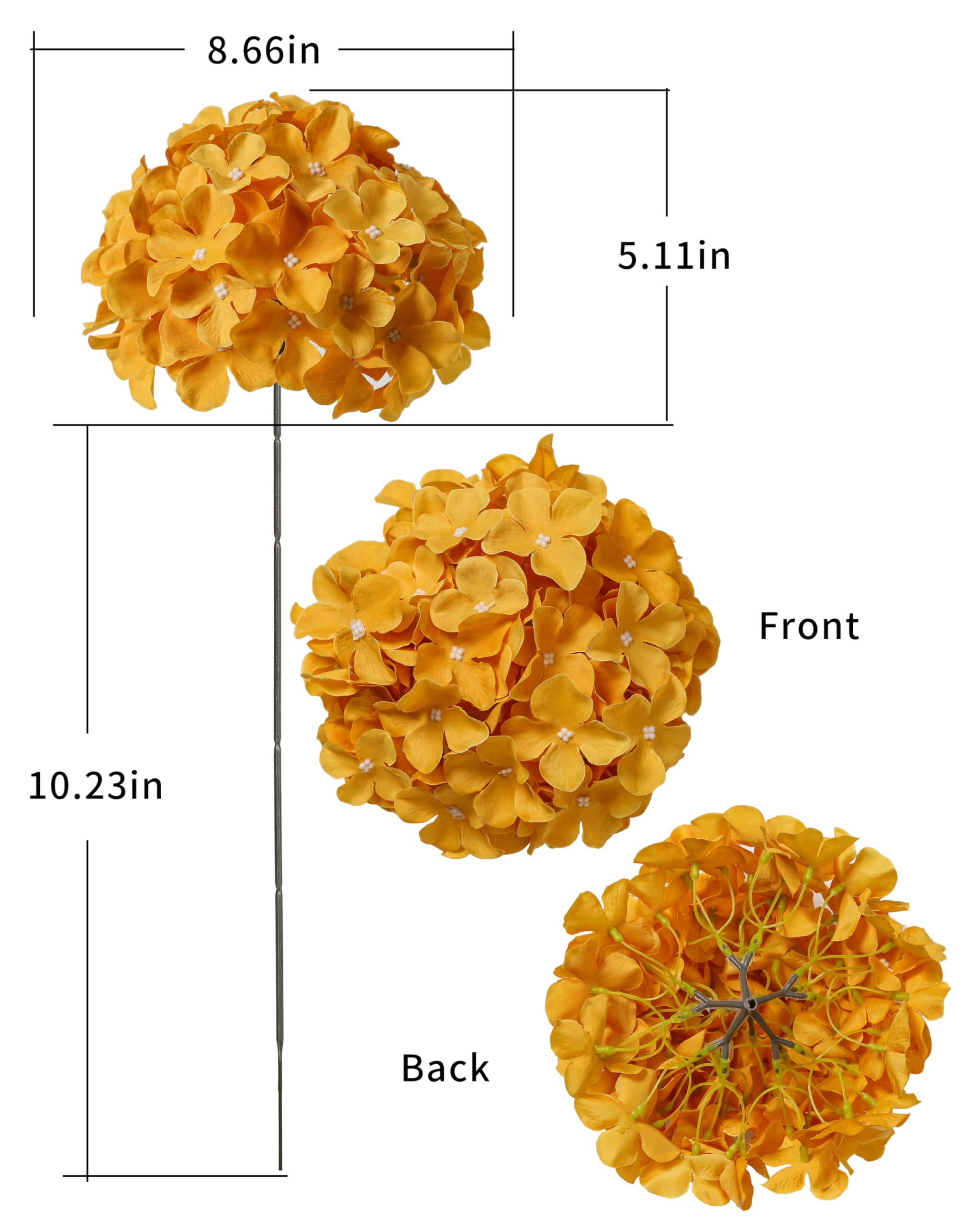 DuHouse Artificial Bigger Silk Hydrangea Flower Heads with Stem Realistic Fake Hydrangea Flower Bouquets for Wedding Home Party Garden Centerpiece Pack of 6(Mustard Yellow) - Image 3