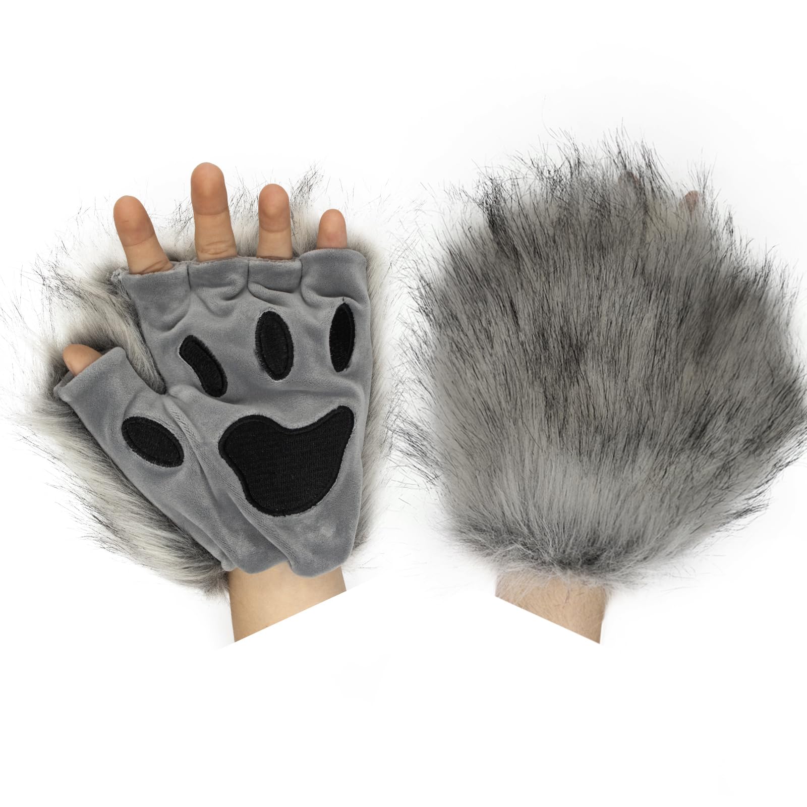 HAOAN Wolf Paw Gloves Faux Fur Cat Fingerless Mittens Winter Warm Cosplay Halloween Fancy Party Costume Accessories