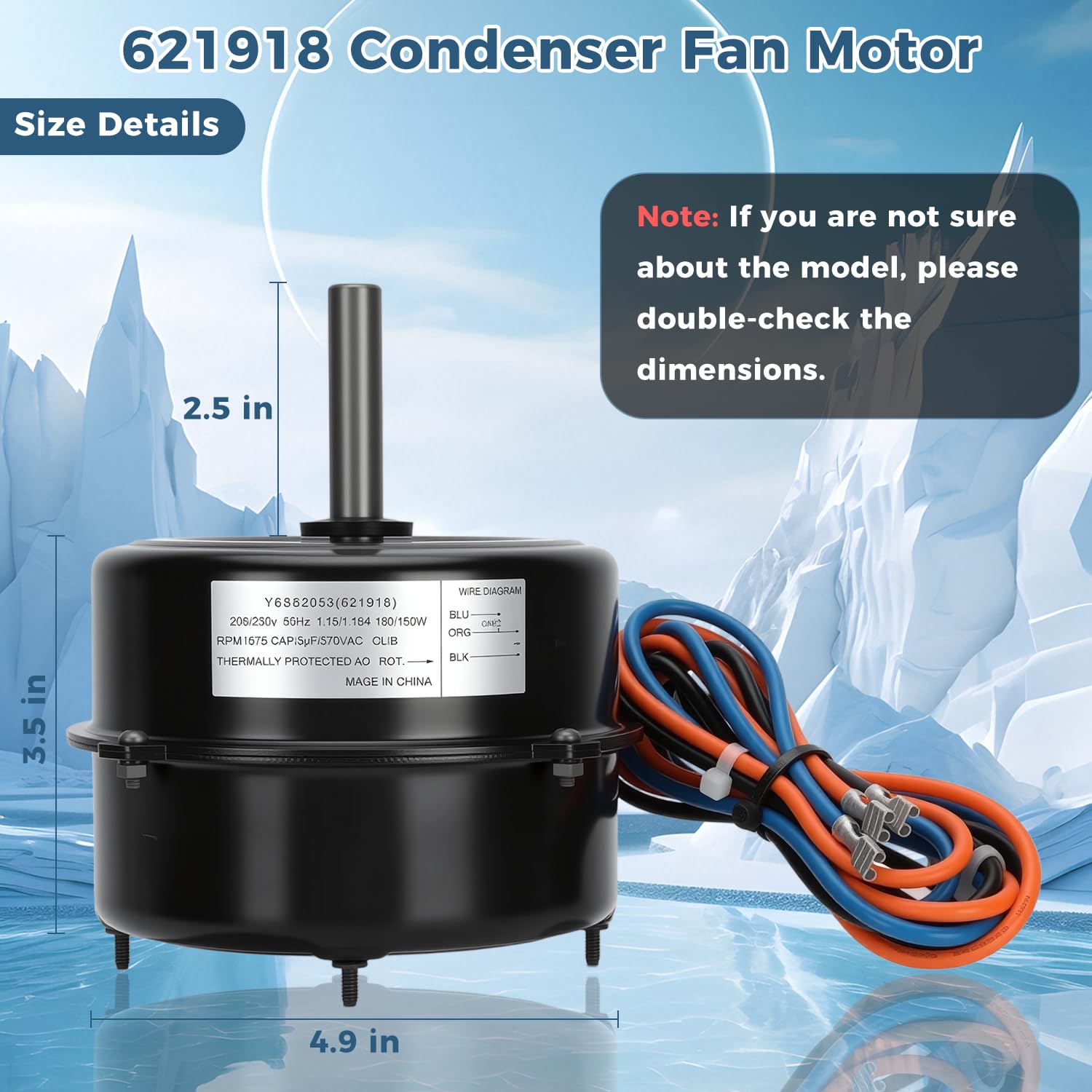 621918 Fan Motor Replaces 5KCP29FCA283AS Motor 1/8 HP 1075 RPM 230V, 621918 5KCP29FCA283AS Compatible with Nordyne Gibson Miller Intertherm Y6S620C53 2950 Condenser Fan Motors