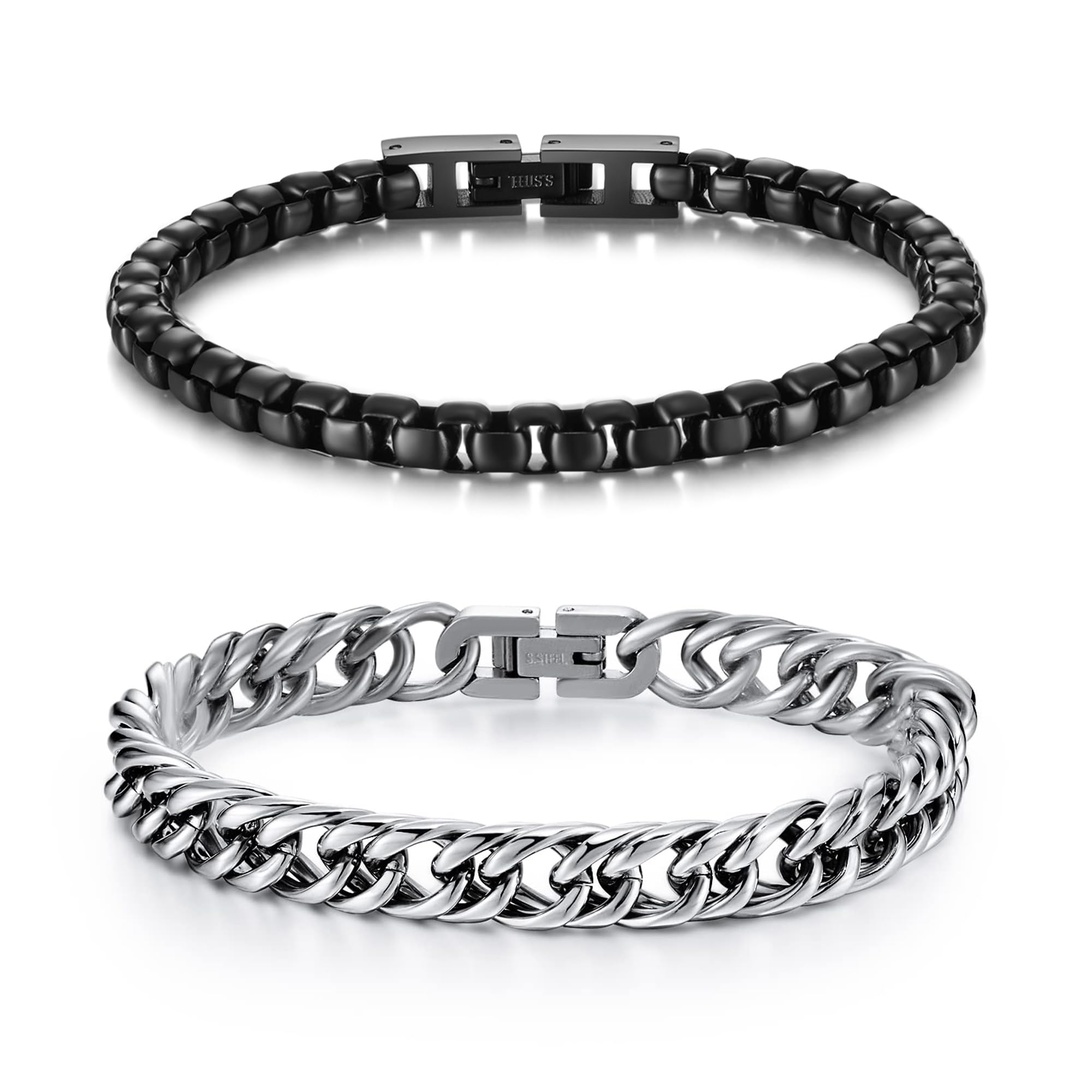 LUCKY2+72PCS Stainless Steel Bracelets for Men: Fold Over Clasp Franco Chain & Cuban Chain - Ideal Gifts for Dad, Grandpa, Boyfriend, Husband