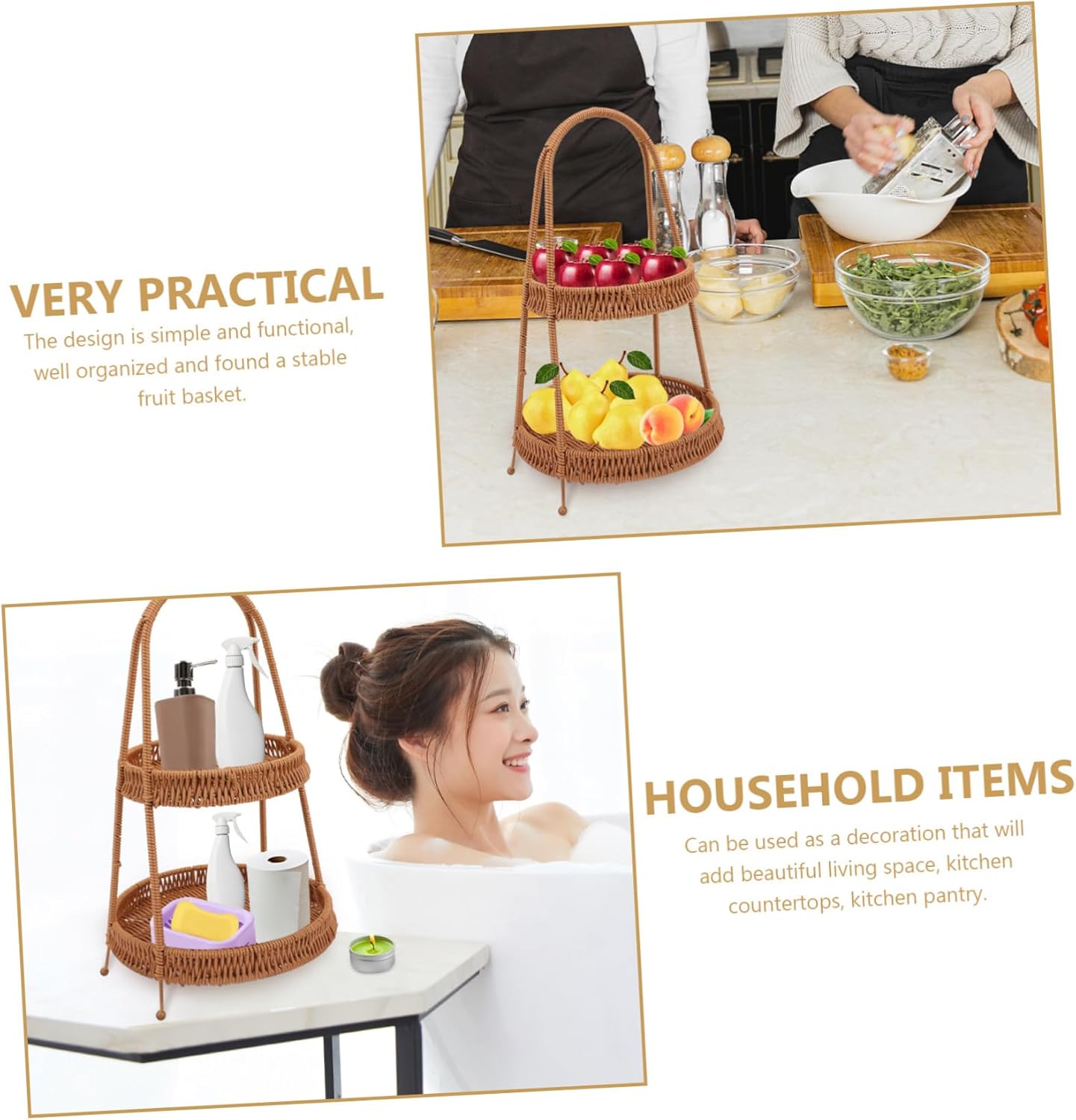 DECHOUS 1piece Woven Hand Basket for Serving Snacks and Desserts Two-tiered Storage Tray Retro Brown for Fruits and Pastries Restaurants and Homes