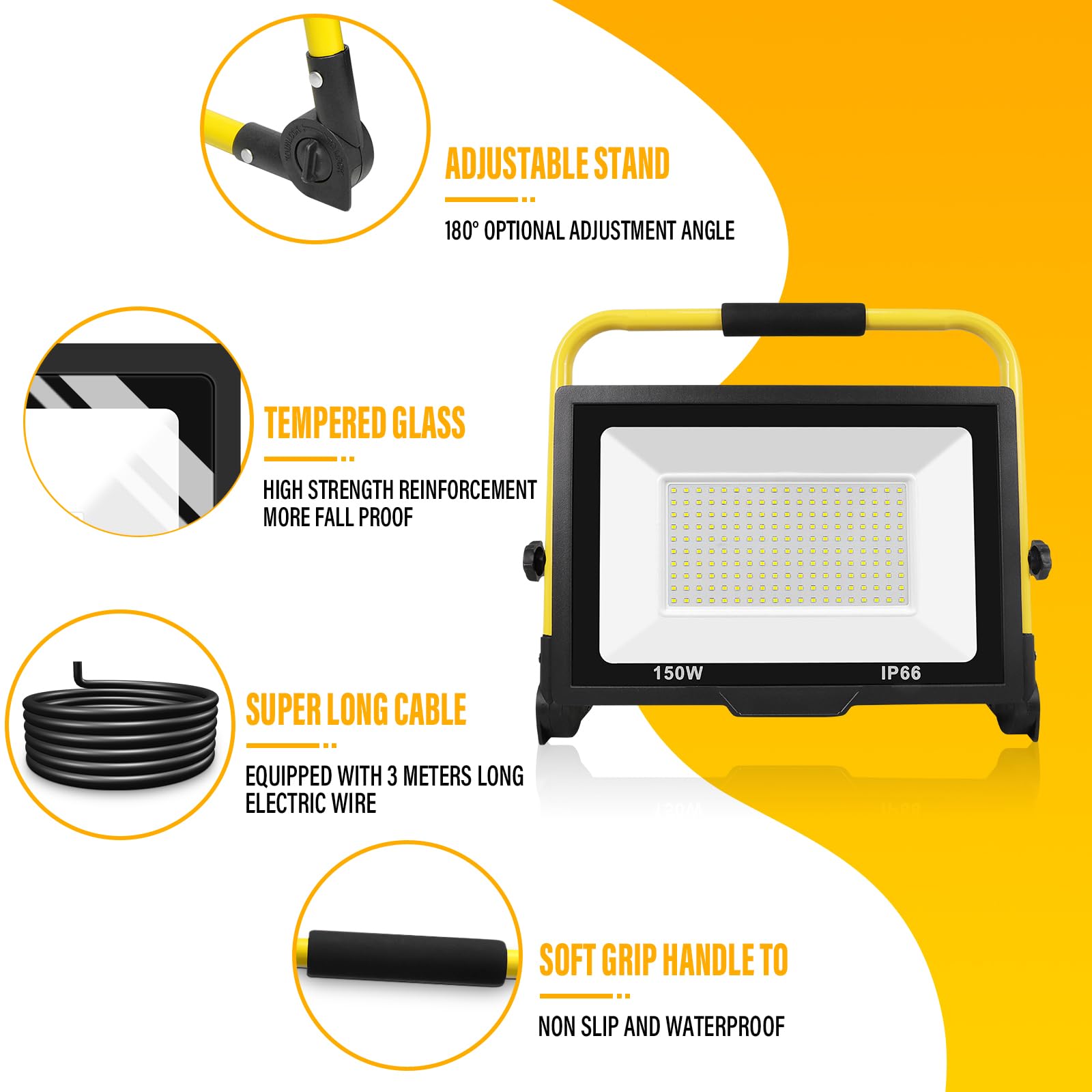 SKYWORLD 150W Projecteur de Chantier LED, 15000LM Lampe Chantier avec Prise | Pliable Portable Projecteur Led, Phare de Travail Led pour Travaux Atelier Garage Terrasse Jardin, Etanche IP66 6000K Blanc