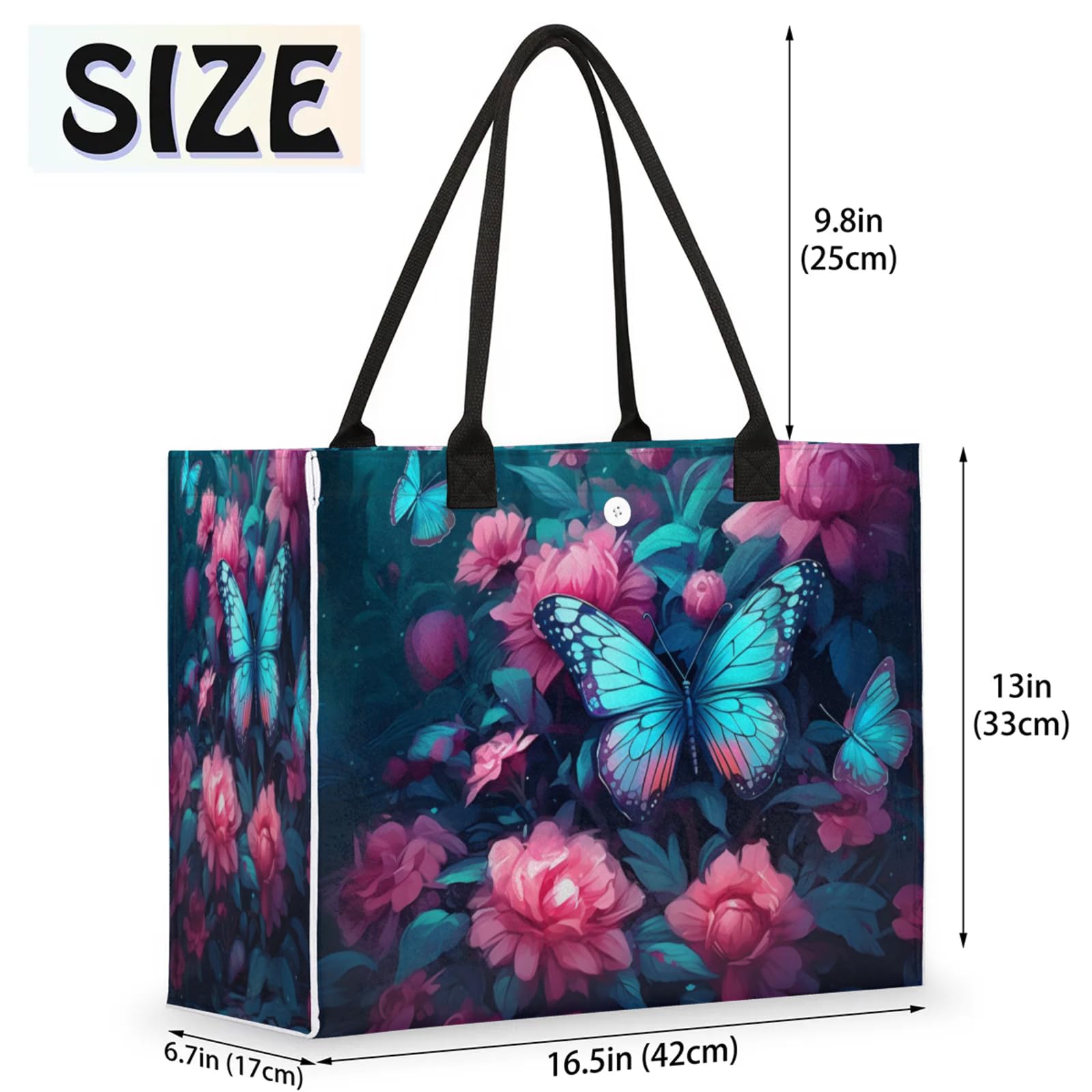 Beautiful Butterfly Flower Pink Blue Large Beach Tote Bag for Women Adequate Capacity Kitchen Reusable Grocery Bag with Inner Zipper Pocket Travel Tote Handbag for Beach Pool Shopping Daily Use