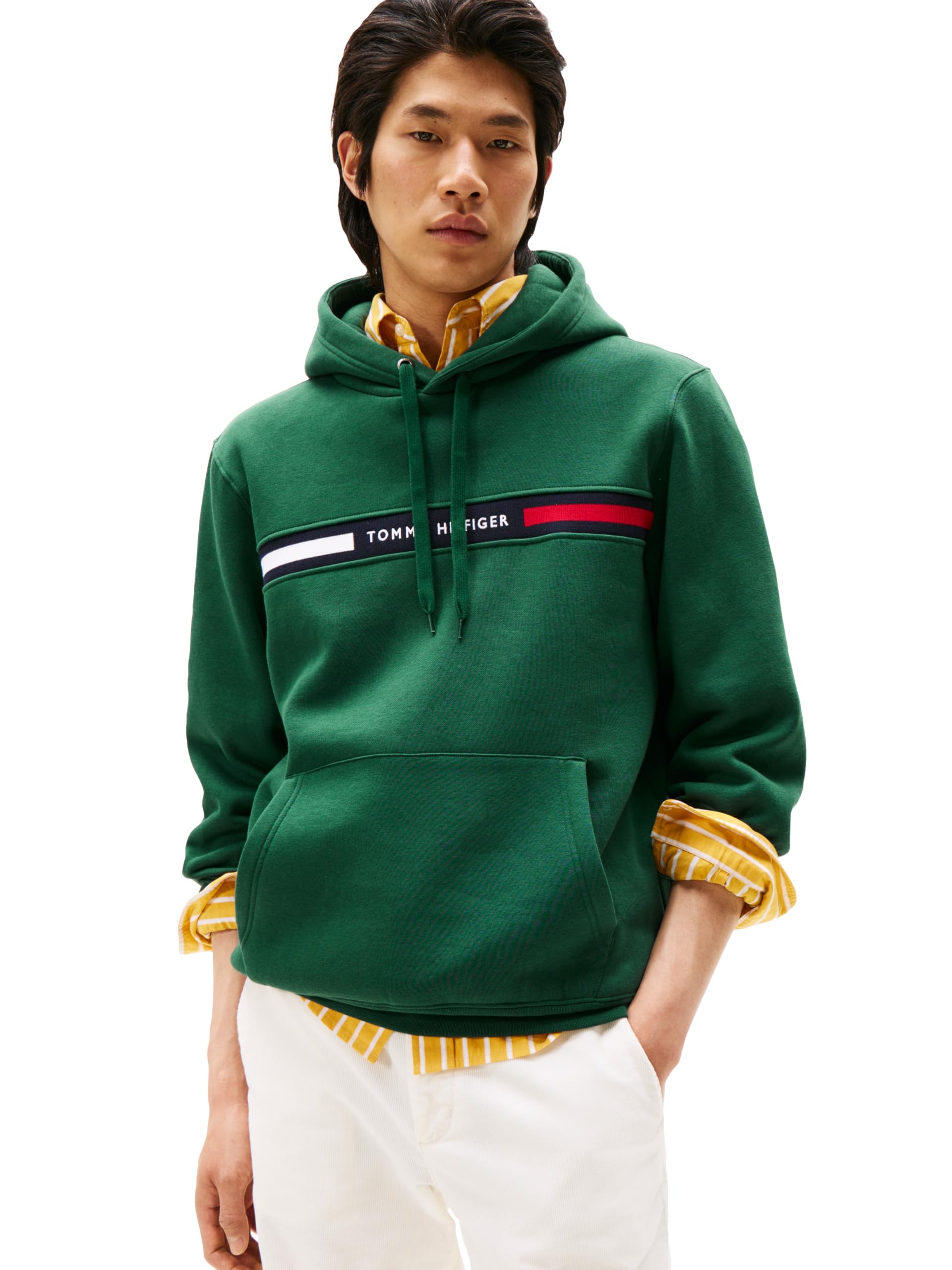 Tommy Hilfiger Herren-Kapuzenpullover aus Fleece, mittelschwer, mit charakteristischem Streifenlogo, Large
