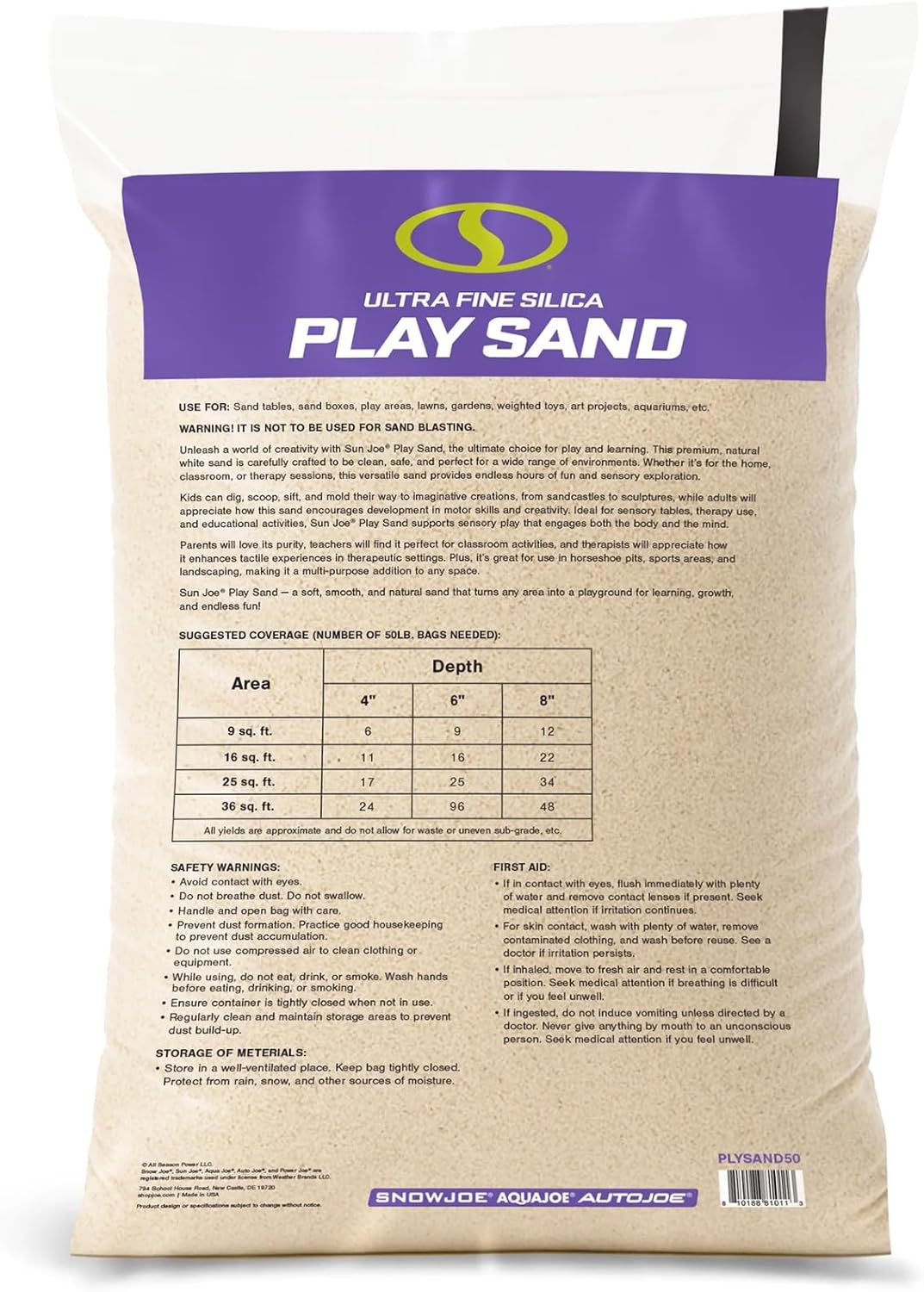 Sun Joe 119 Pack Silica Play Sand for Sandbox, Sensory Table & Garden Spaces, Ultra Fine, 50 Lbs - Natural Craft Accessory for Molding, Digging & Sculpting - Ideal for Indoor and Outdoor Use