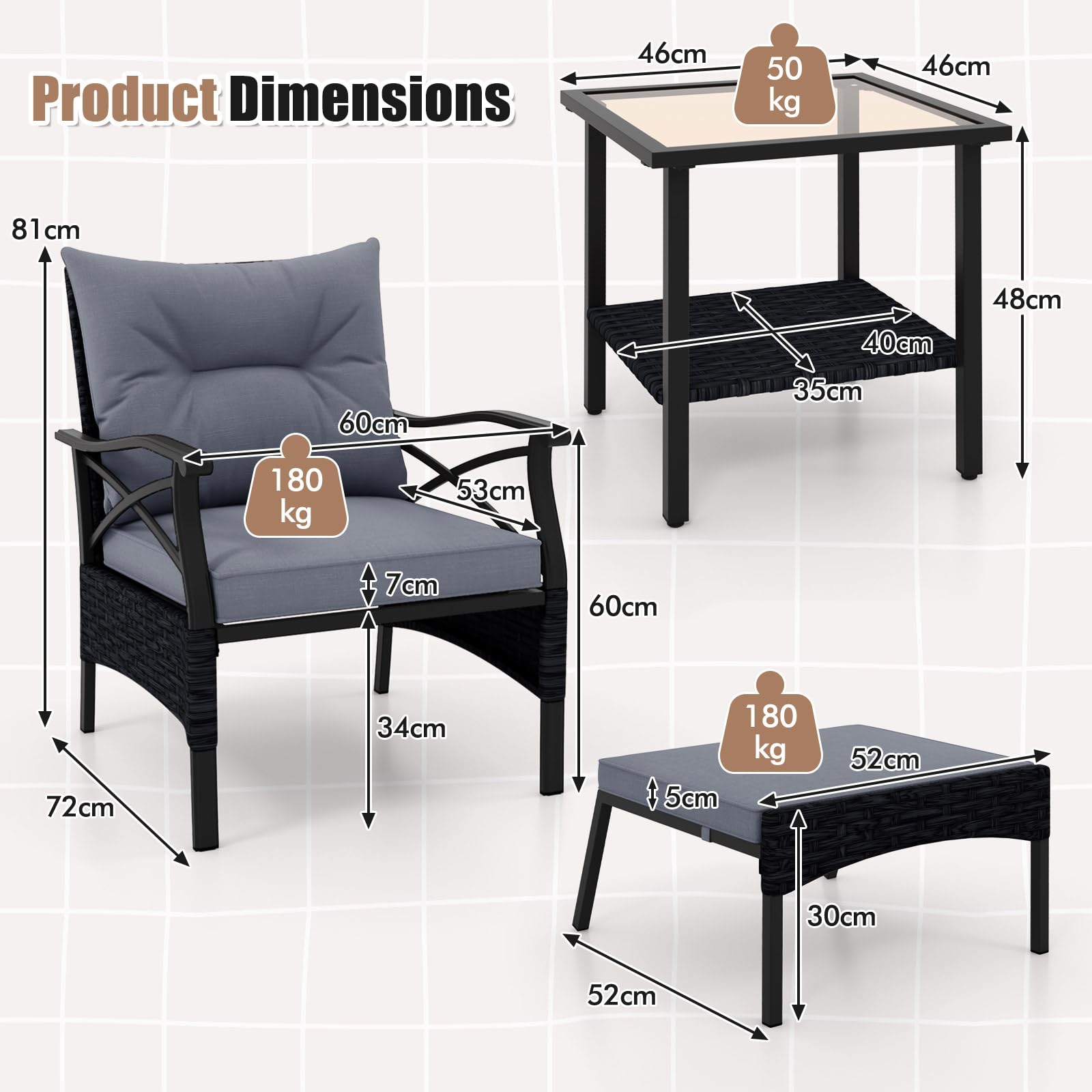 LIFEZEAL Salón de jardín exterior de ratán PE, juego de jardín exterior, 5 piezas, 2 sillones con cojines y 2 reposapiés, mesa de cristal con un estante, sillones, para terraza y patio (gris)