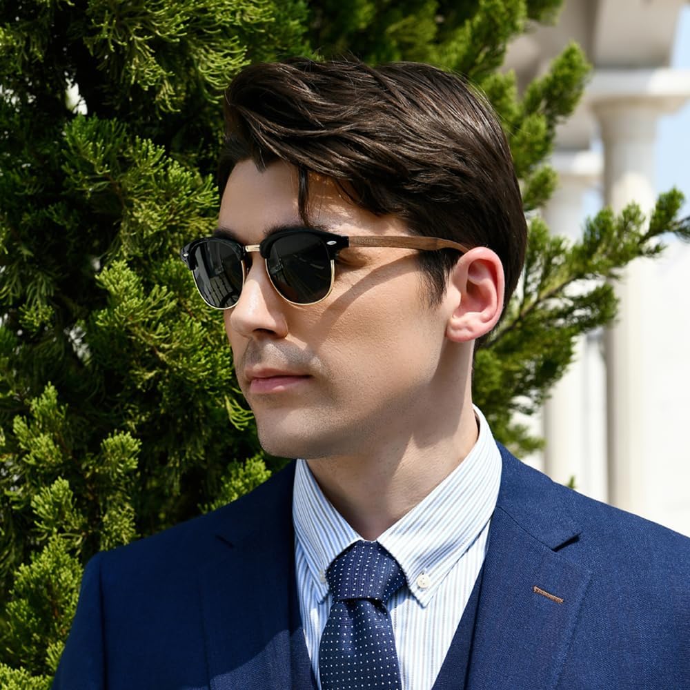 KINGSEVEN Wooden Semi-Rimless Polarized Sunglasses Mens & Womens Eyewear Classic Retro Vintage Design N5516