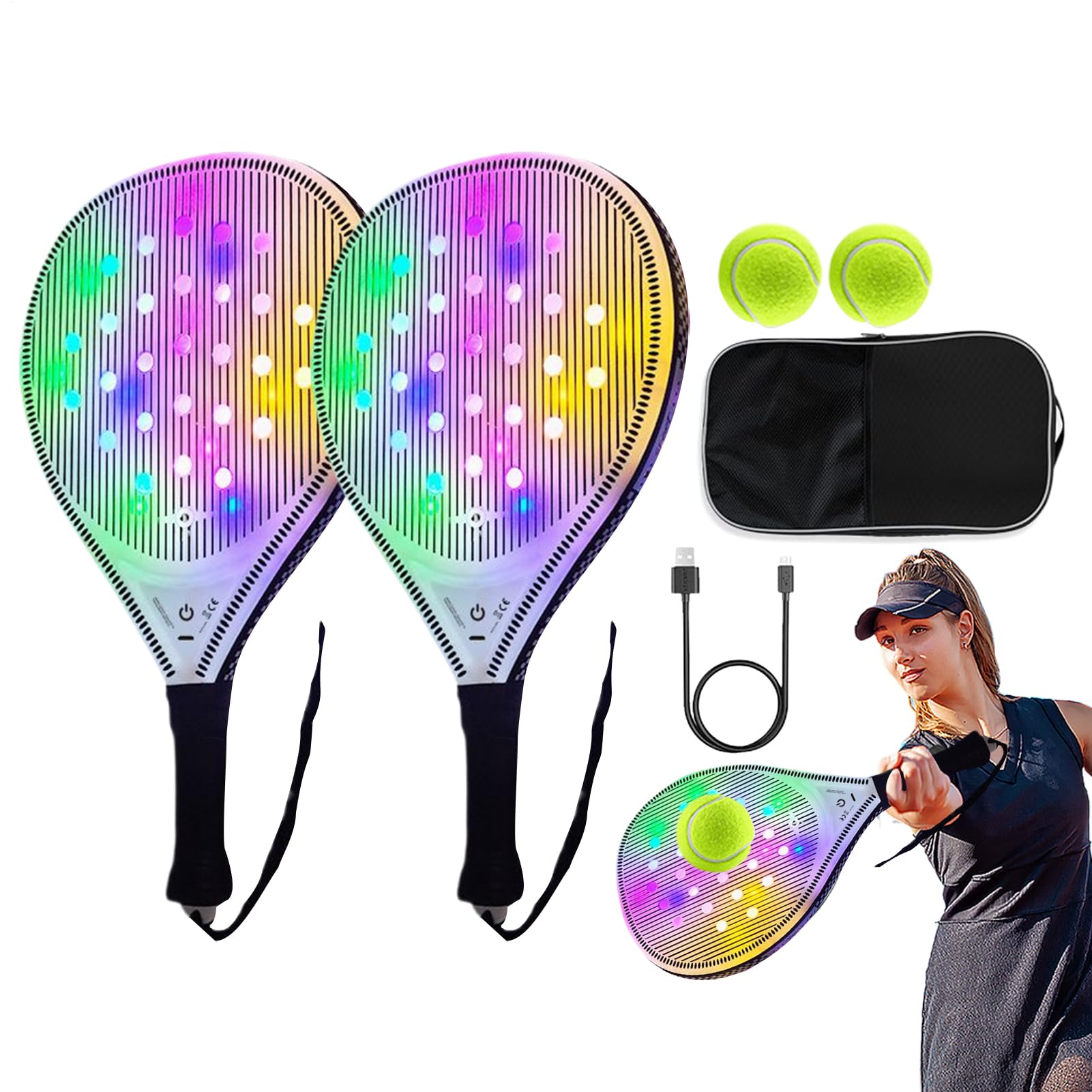 Rakieta Tenisowa Męska Świecący Zestaw Do Gry W Paddle Plażowe Z USB | Sportowe Akcesoria Do Tenisa Z Włókna Węglowego Dla Młodzieży I Dorosłych Do Codziennego Treningu I Podróży