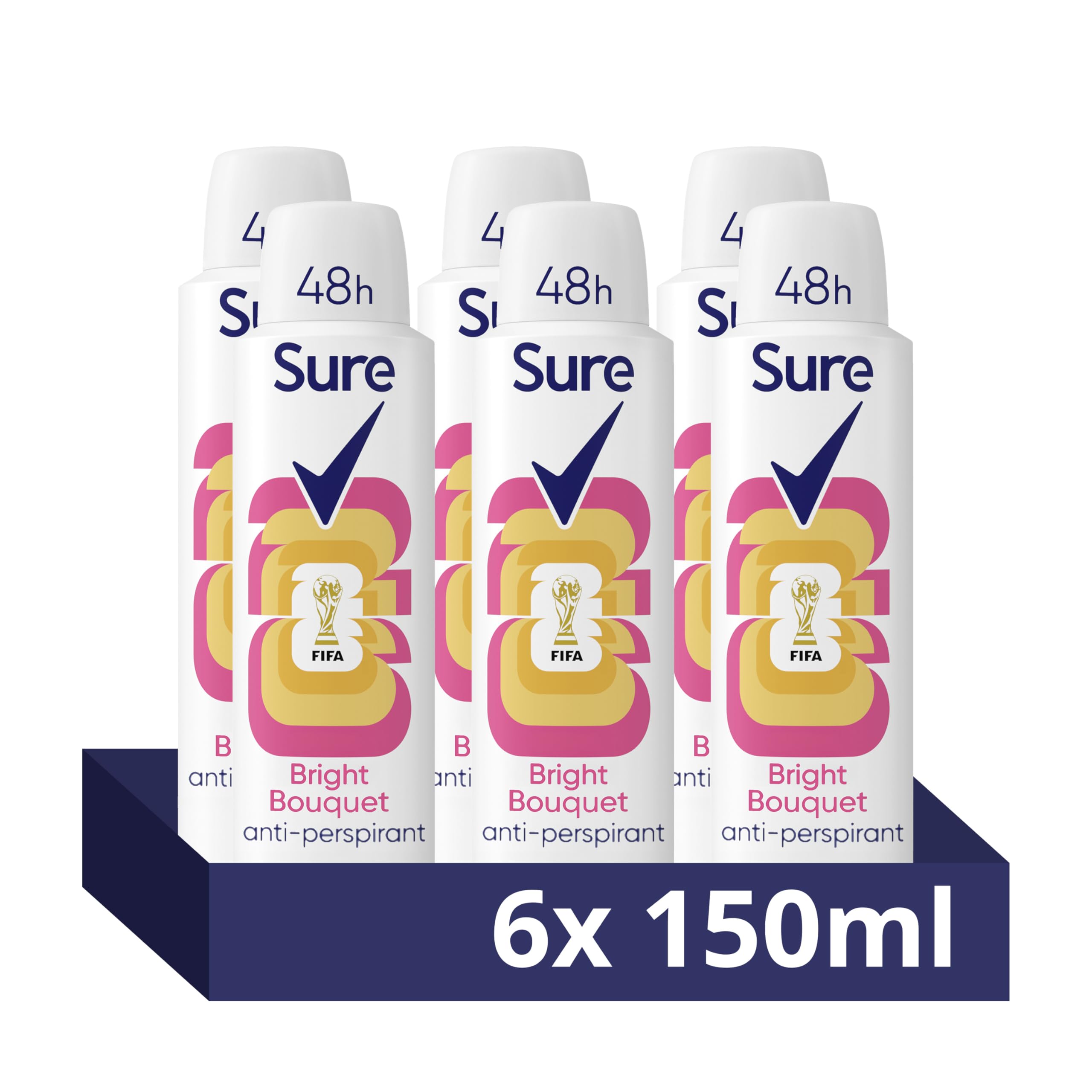 Sure Women Bright Bouquet Deodorant Body Spray Antiperspirant with a strawberry, apricot & vanilla fragrance and 48 hour sweat and odour protection 150 ml, Pack of 6