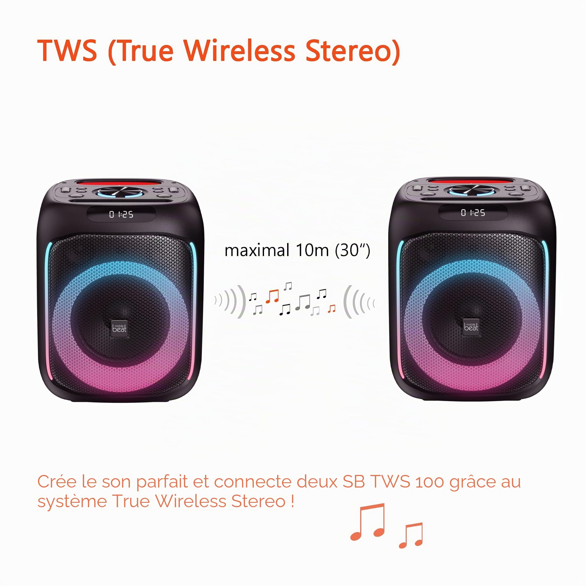 Mobile Beat SB-TWS 100 BT Soundbox, jusqu'à 7 h d'autonomie, lumières LED, poignée de Transport Pratique, Batterie, Fonction de Charge USB pour appareils externes