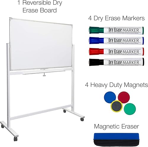 Miniatura 8 de Excello Global Products Tablero blanco grande de 48 x 32 pulgadas sobre ruedas 1 pizarra magnética reversible de borrado en seco con soporte