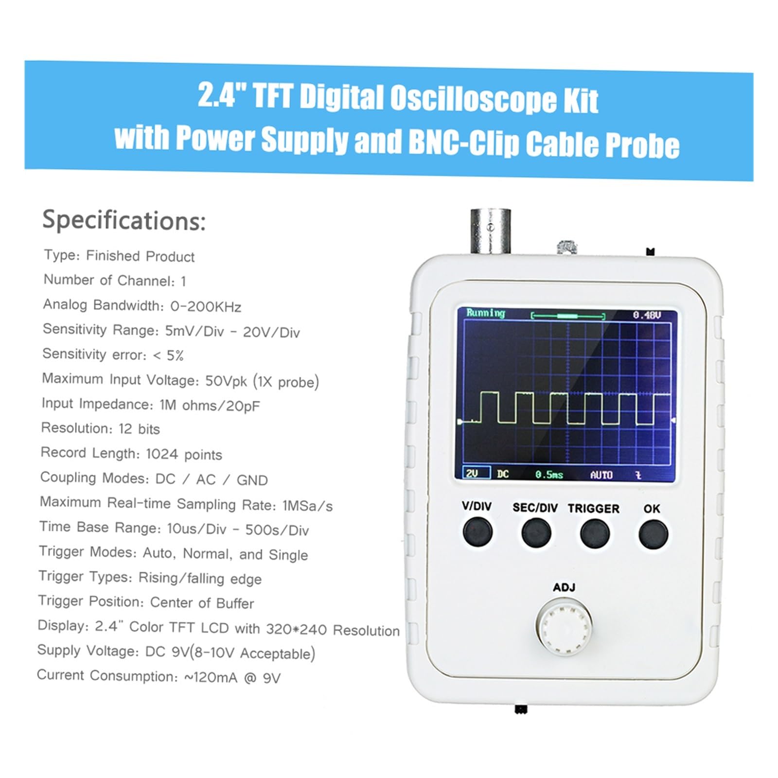 Osciloscopio, Kit de osciloscopio digital 2,4", ancho banda 200 KHz con fuente alimentación y sonda cable BNC