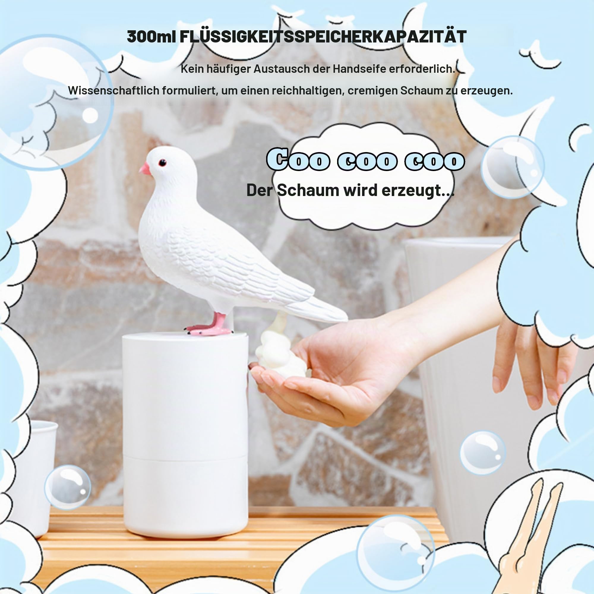Bewinner Seifenspender Taube Automatischer für die Arbeitsplatte, 300ml Blue Pigeon Soap Dispenser, Seifenspender Taube Kackt Lustig für Küchenspüle und Badezimmer, Der Schaum ist dick