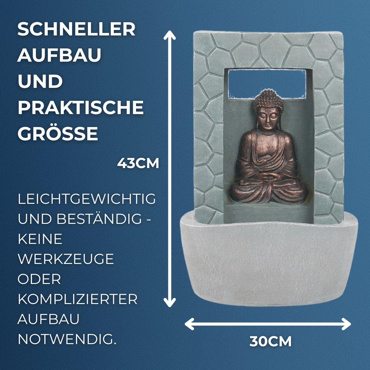 Festive Lights 43cm LED Buddha Solar Springbrunnen Grau Stein Optik Solar und USB Betrieb Solar Brunnen Garten für Innen und Außen Solar Brunnen für draussen Wasserspiel