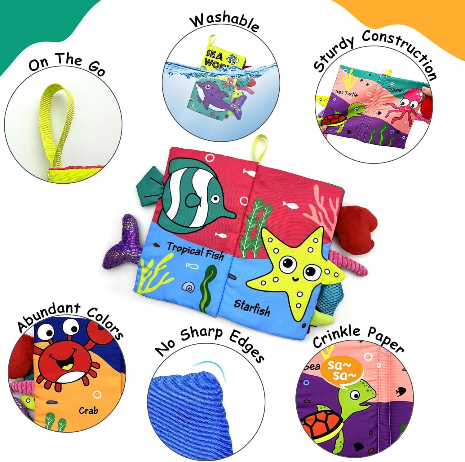 BeFunky Baby Fabric Book, Soft 3D Picture and Crinkle Book for 0-12 Months, Sensory Montessori Learning Toy for Boys and Girls (Sea World), Multicolor - Image 2 thumbnail