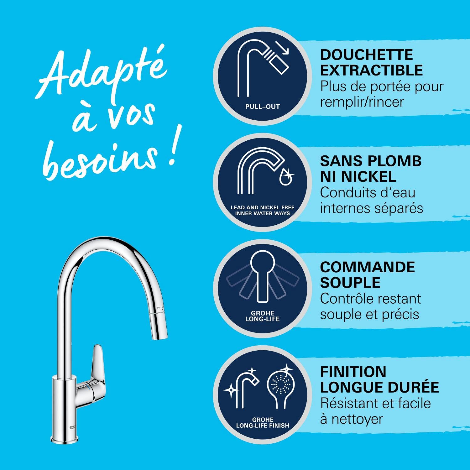 GROHE Start Curve Robinet de Cuisine, Mitigeur Monocommande Evier, Mousseur Extractible, Bec Haut, Zone de Rotation 360°, Chromé, 30562000