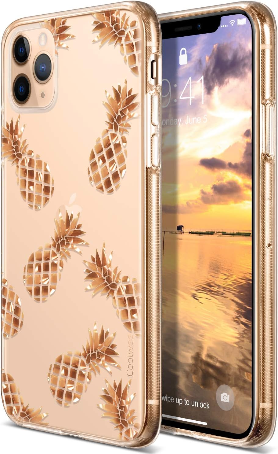 Coolwee Clear Glitter for iPhone 11 Pro Max Case Thin Flower Slim Bling Women Girl Floral Plastic Hard Back Soft TPU Bumper Protective Cover for Apple iPhone 11 Pro Max Rose Gold Pineapple