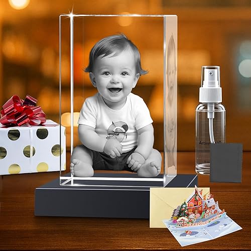 Rectángulo de fotos de cristal 3D personalizado pequeño (retrato) - Premium base LED multicolor, envoltura de regalo y tarjeta 3D listo para regalar