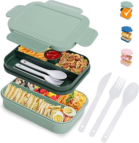 Bento Box - Lonchera para adultos, 67.6 fl oz, doble capa, a prueba de fugas, 4+4 compartimentos, con tenedor y cuchara, sin BPA, apta para