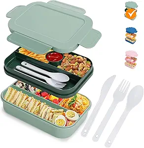 HappyRhino Bento Box Adult Lunch Box for Women - 2000ml Double Layer Leak-Proof, 4+4 Compartment, With Fork & Spoon, BPA Free, Microwave Dishwasher Safe (Green)
