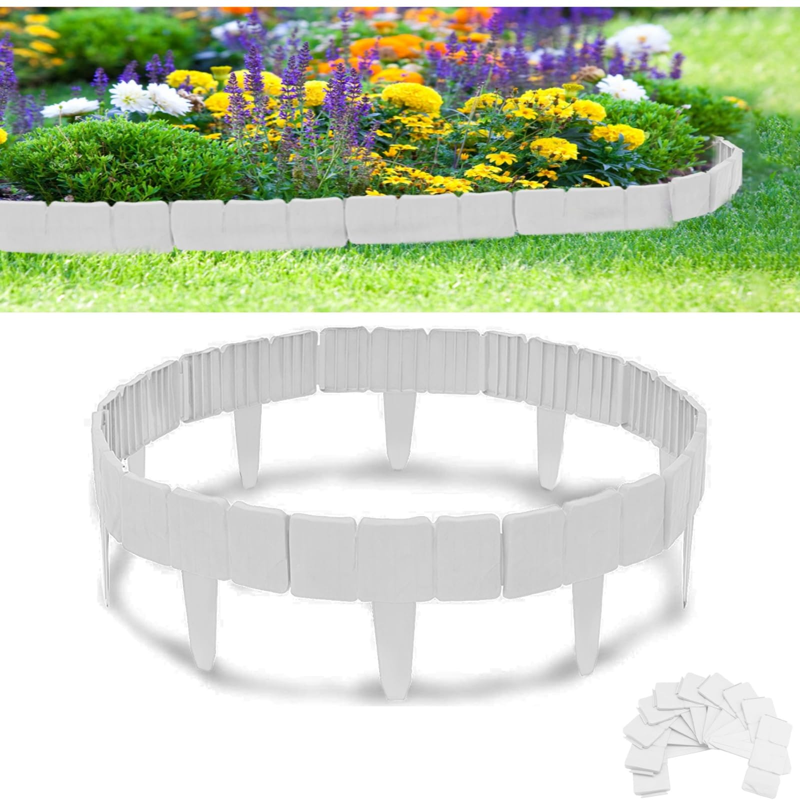 Rasenkante Kunstoff, 15m Flexibler Steinoptik Beeteinfassung, 60 Stücke PP Beetumrandungen Mähkante, Rasenkanten Steinoptik Palisade für Blumen Gartenzaun Decorativ, L 25 x H 23 cm - Weiß