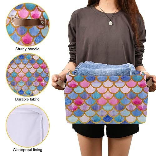 Miniatura 7 de Cesta de almacenamiento rectangular  Escamas de pez sirena colorida caja de almacenamiento plegable con asas de cuero, estantes organizador para