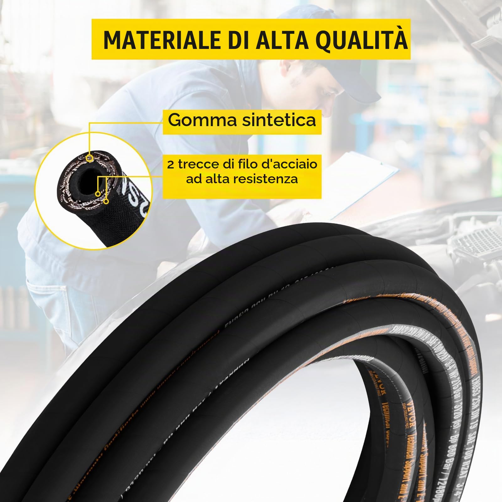 VEVOR Tubo idraulico 3/4" x 50ft a spirale 3120 PSI, gomma 2 treccia di filo di acciaio ad alta resistenza, tubo flessibile da 20 ℃ a 140 olio, nero