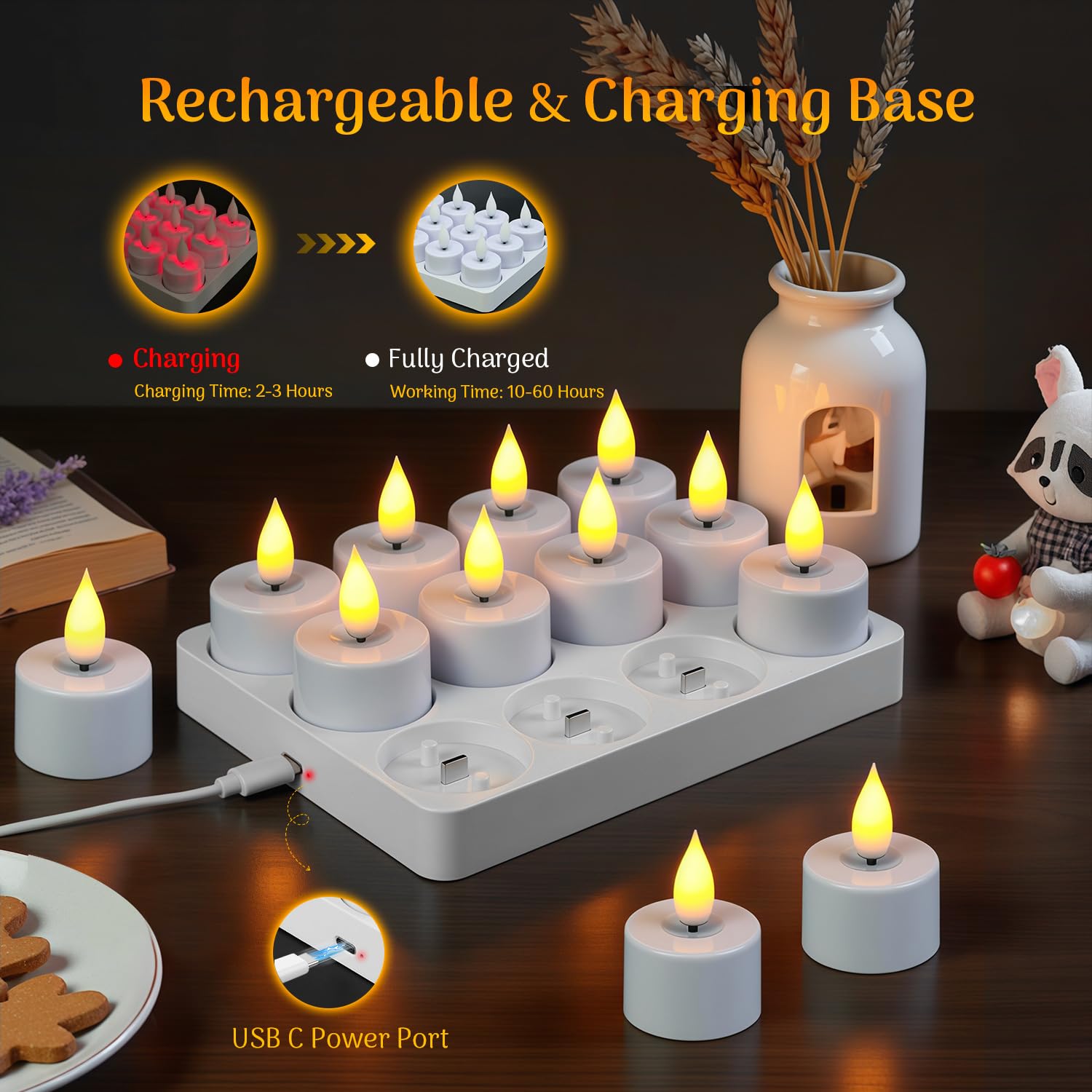 Lacasa Candele LED Ricaricabili con Telecomando, 12 Tea Light Senza Fiamma con Base USB-C, Effetto Tremolante Realistico, Timer e Luce Calda per Natale, Matrimonio e Casa