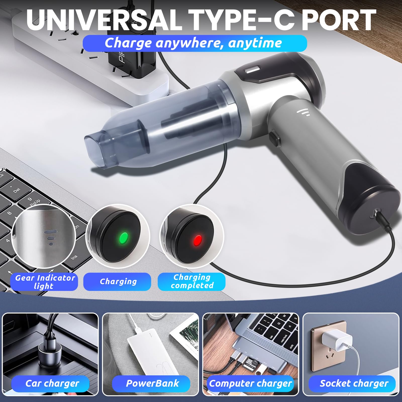 Aspirabriciole Senza Fili Potente, 15000Pa Aspirapolvere Portatile Senza Fili, 3 in 1 Ricaricabile Portatile Leggero, Mini Aspirapolvere 3 Velocità, per Auto, Ufficio, Casa