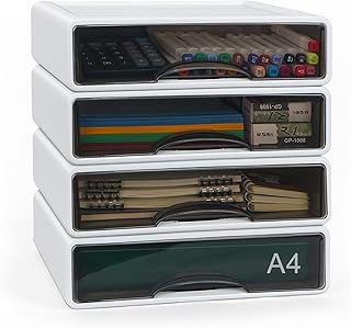4 Stück Schreibtisch Schubladenbox A4, Stapelbar Schubladen Organizer, Büro Aufbewahrungsbox mit Schublade für Schul Heim Büro Bedarf Schreibwaren