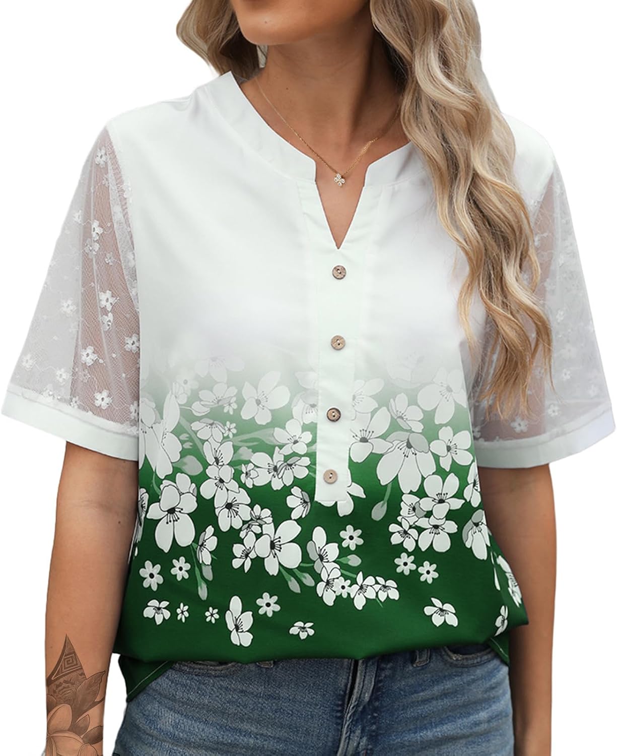 Womens Summer Tops V Neck Short Sleeve Button T Shirts Trendy Print Sheer Blouses Plus Size Comfy Casual Outfits