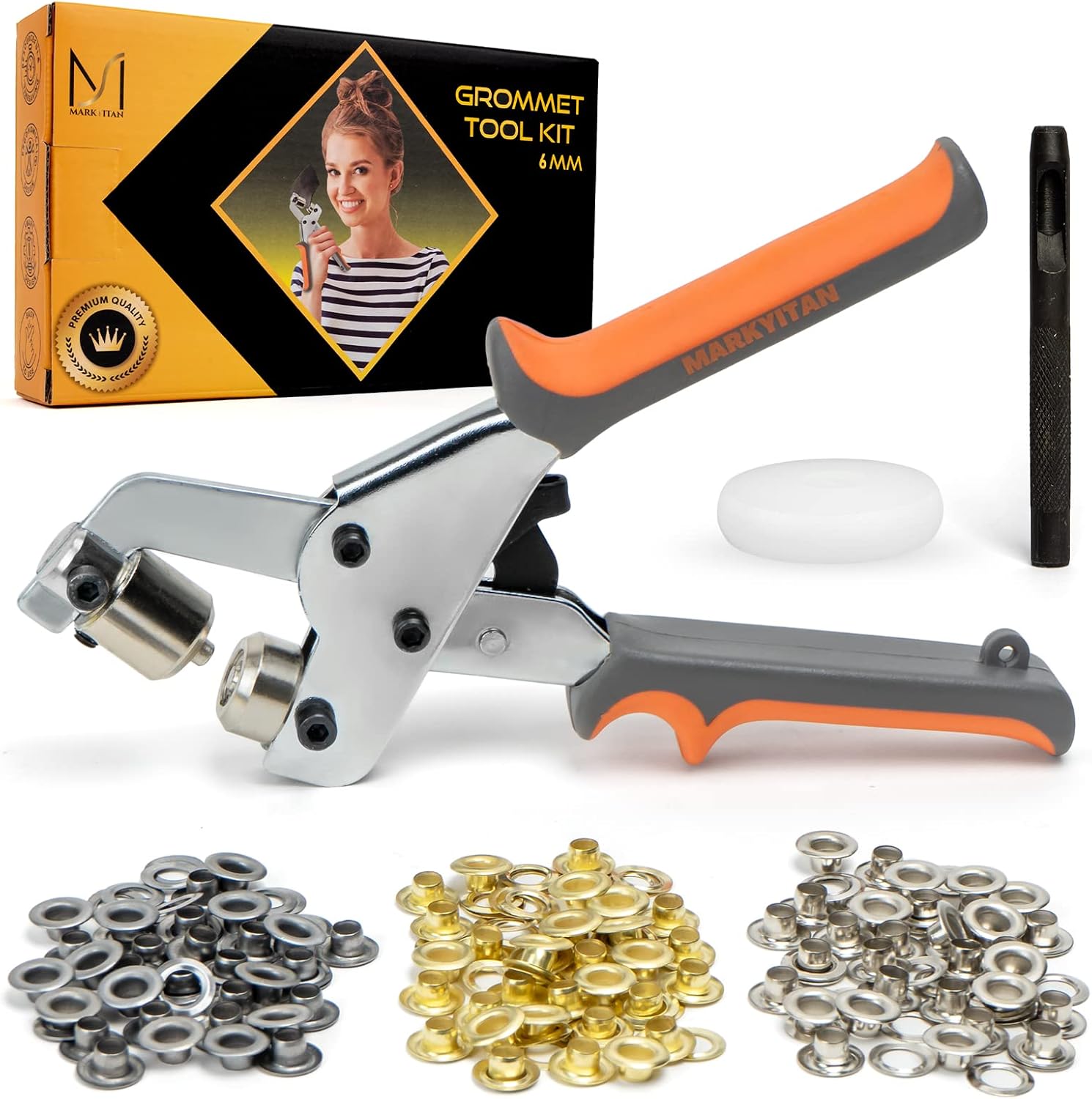 "MARKYITAN Complete Set for DIY Projects Grommet Tool Kit - 1/4 Inch Grommet Press Plier with 90 Silver, Gold, and Chrome Grommets, Leather Hole Punch, and Solid Plastic Block"