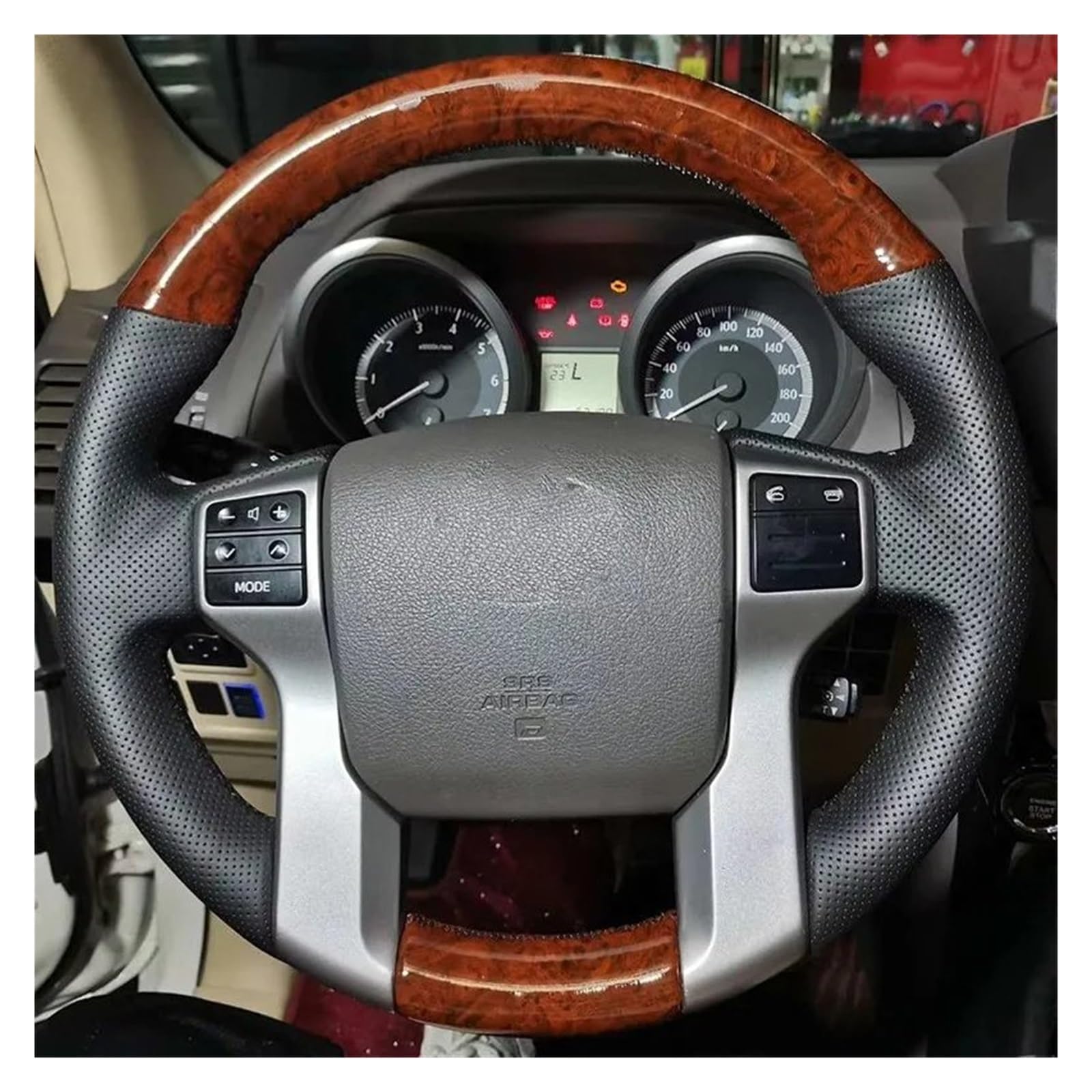Lenkradbezug Für Toyota Für Land Für Cruiser Für Prado 2010-2017 Handgenähte rutschfeste Schwarze Echtleder Lenkradabdeckung Mit Pfirsichholzmaserung Lenkrad Schutzhülle(Style 5)