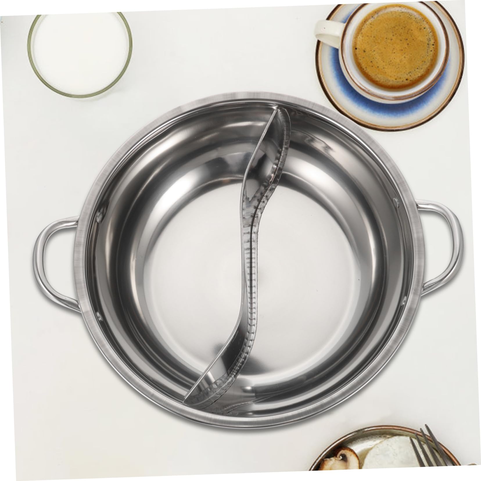 Garneck 1set Hot Pot with Divider Thickened Dual Compartment Soup Pot for Home Restaurant Cooking Induction Gas Compatible Easy to Clean