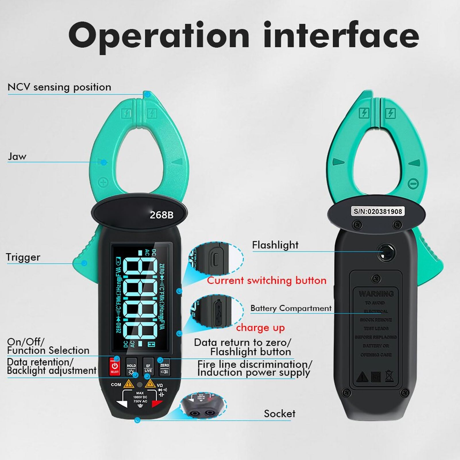 Pinza amperometrica digitale multifunzionale True RMS AC DC Corrente Tensione Resistenza Capacità Frequenza Temperatura Tester diodi per elettricisti Ingegneri Tecnici ABS