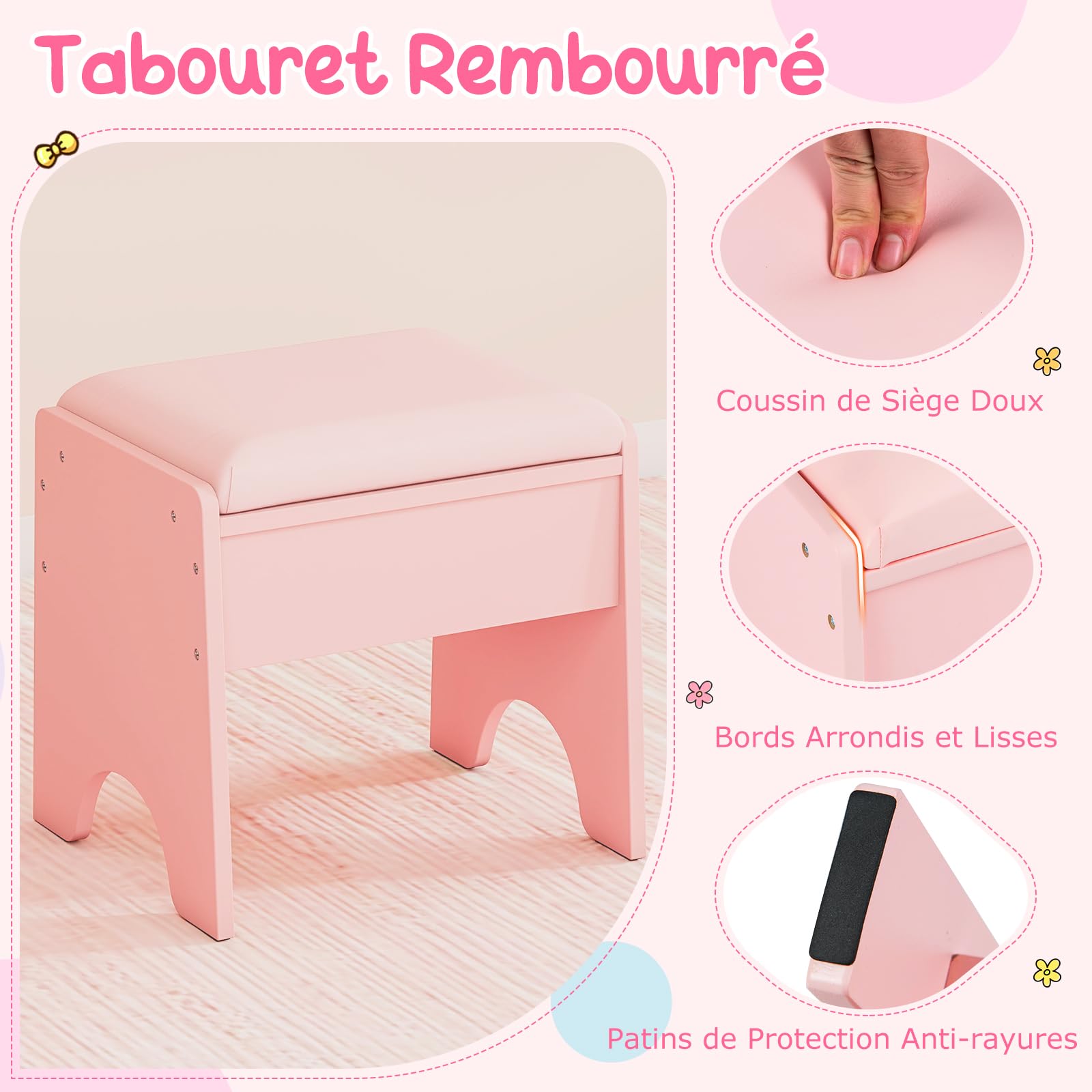 COSTWAY Coiffeuse Enfant Fille avec Tabouret et Miroir Lumineux, Bureau Enfant avec 4 Étagères Ouvertes et 3 Compartiments, Emplacements pour Bagues, Dispositif Anti-basculement pour 3 Ans+ (Rose)