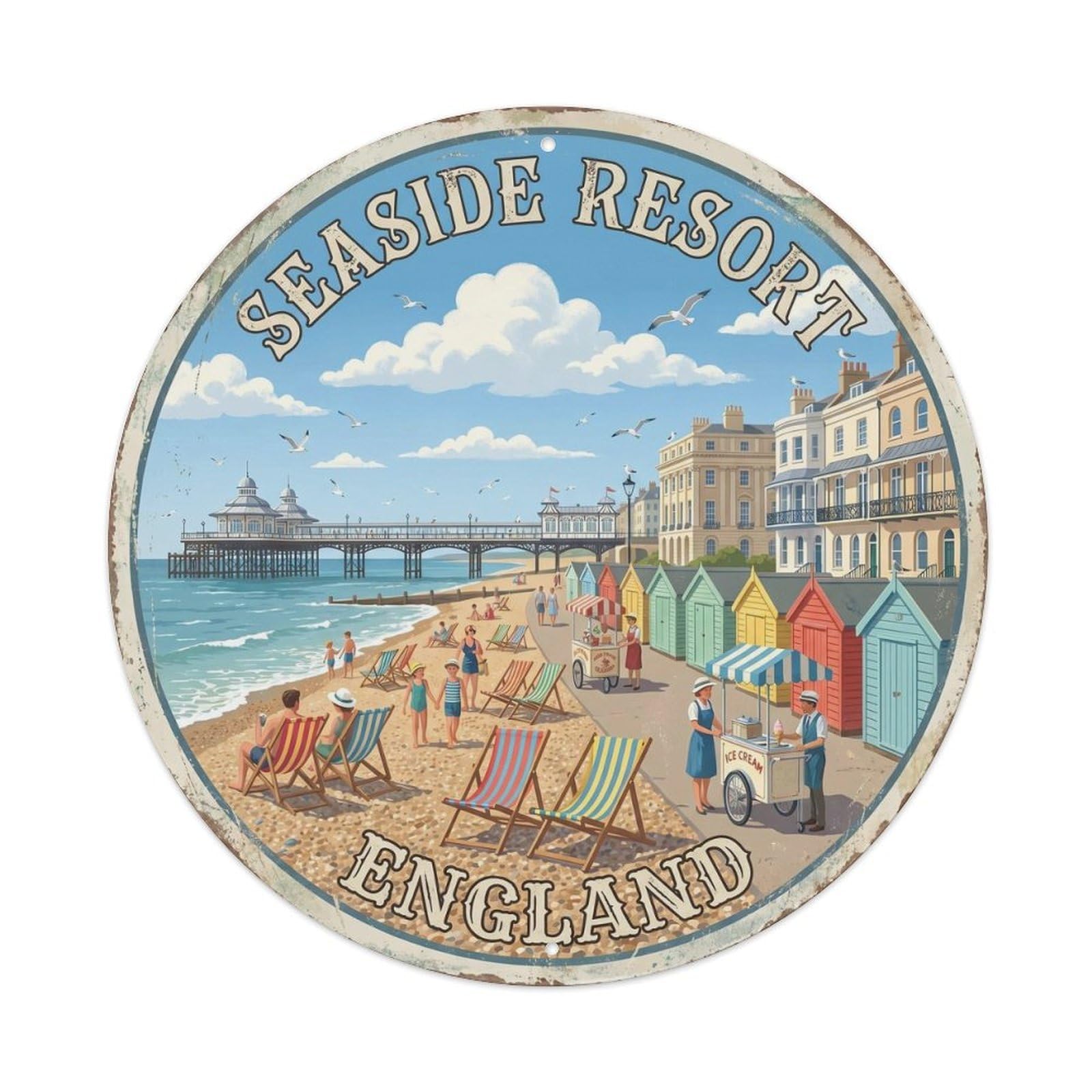 Vintage Travel Seaside Resort England Metal Tin Sign Plaque Wall Decor for Cafe, Club, Garden Round Metal Poster 8x8Inch