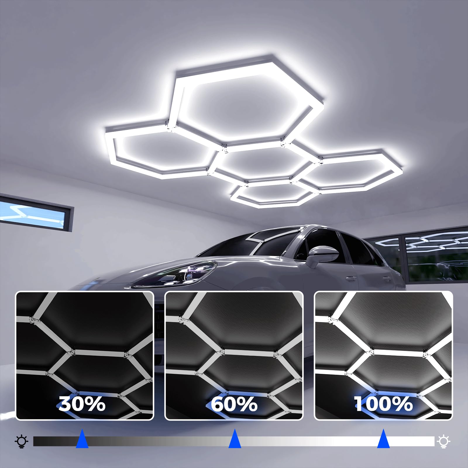 25 Pack Hexagon LED Garage Lights, 6500K Kaltweiß, 3-Stufige Dimmfunktion (30%/60%/100%) , für Garage, Lagerhallen, Werkstätten, Gym, Keller, Autowäschen