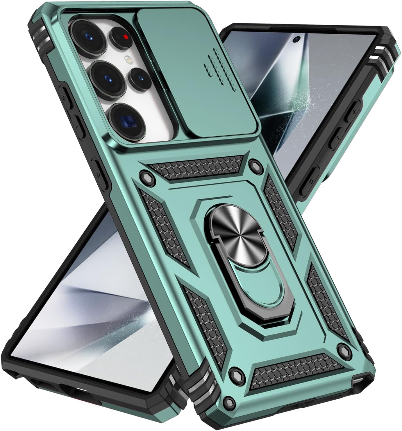 Case for Samsung Galaxy S25 Ultra Back Cover TPU Bumper Case 360 Degrees Metal Ring Stand Heavy Duty Military Grade Protection Hybrid Shockproof Compatible with Galaxy S25 Ultra. Green TC