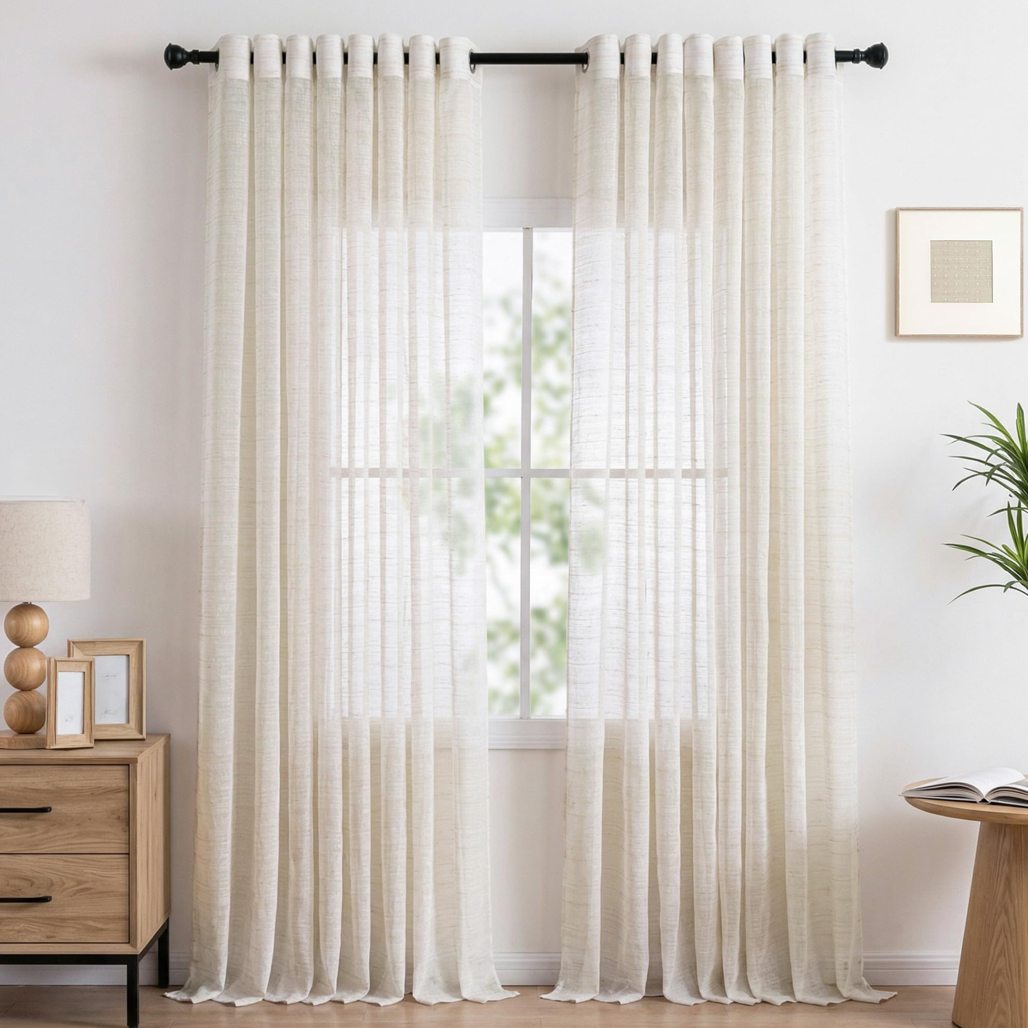 Rideau Voilage Transparent Lin Beige-de Salon Moderne Chambre Cuisine Balcon Baie Vitrée Léger Romantique à Oeillet Eyelet Tamisant Sheer Curtains Décorations d'intérieur de Fenêtre 140x280cm 2PC