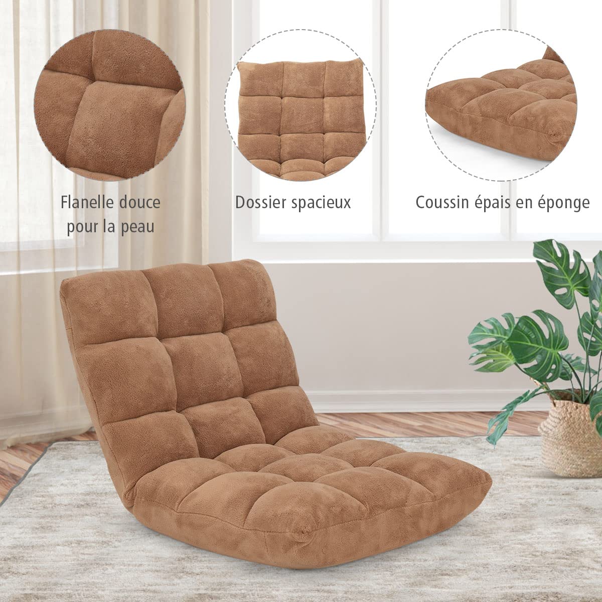 GOPLUS Silla de suelo plegable, sillón convertible ajustable de 14 niveles, sillón perezoso con terciopelo coral cómodo, silla de meditación acolchada, 105 x 56 x 15 cm (Beige)