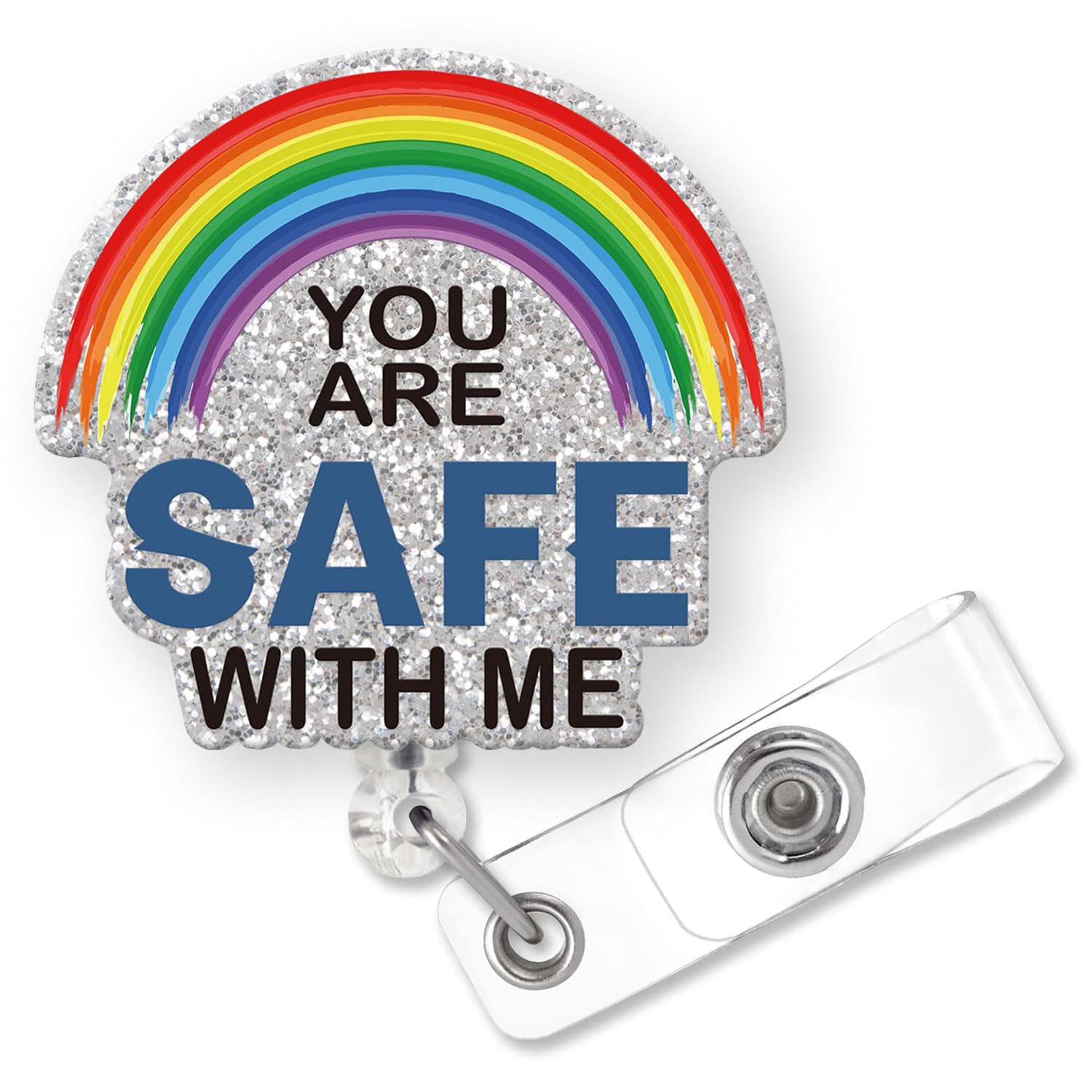 You are Safe with Me Badge Reel Retractable, Gay Pride Badge Reel, Funny LGBTQ Rainbow Pride Badge Holder with Alligator Clip & 24” Durable Nylon Cord