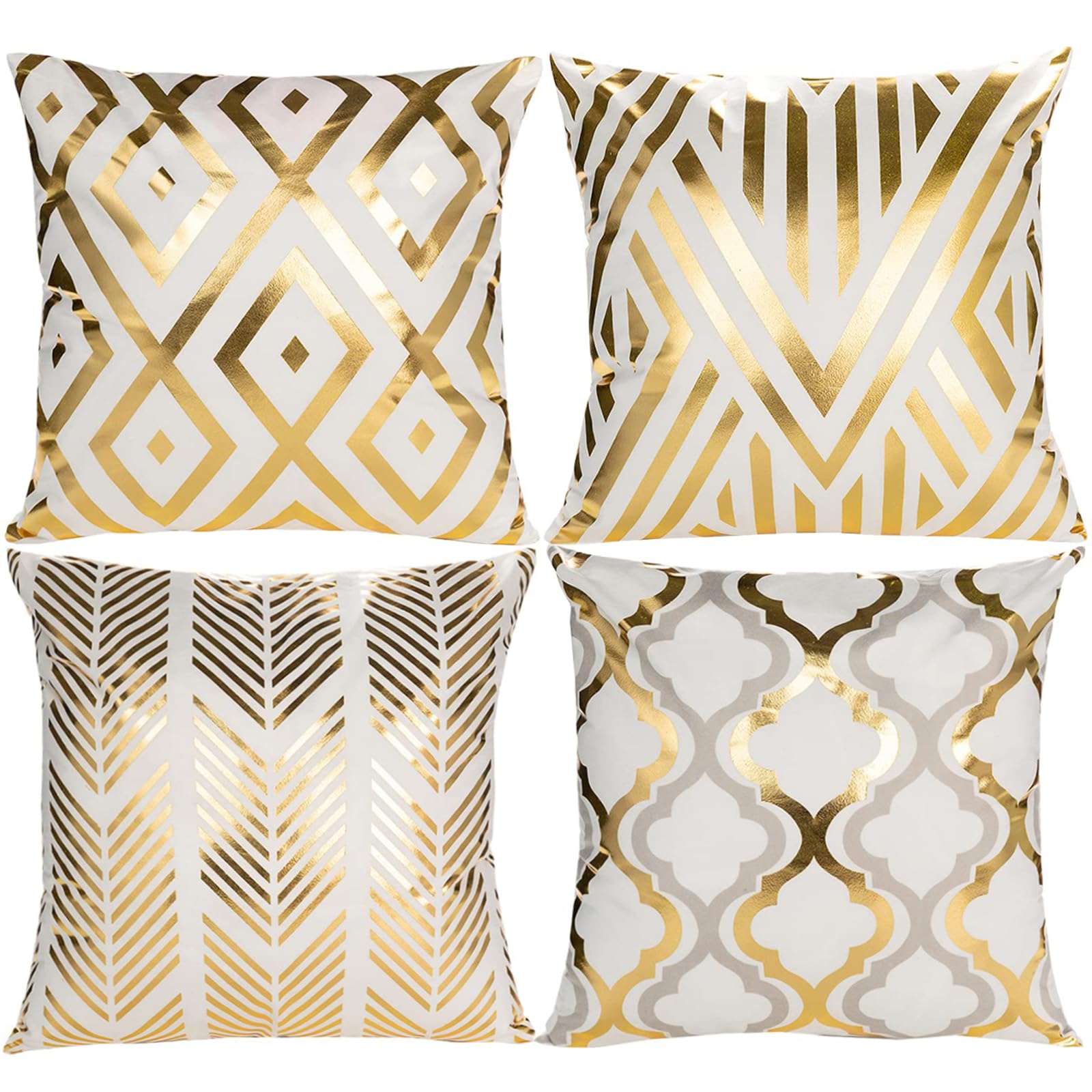 HOSTECCO White and Gold Throw Pillow Covers 18x18 inches Set of 4 Gold Geometric Pillow Cases Square Decorative Cushion Covers for Sofa Couch Office