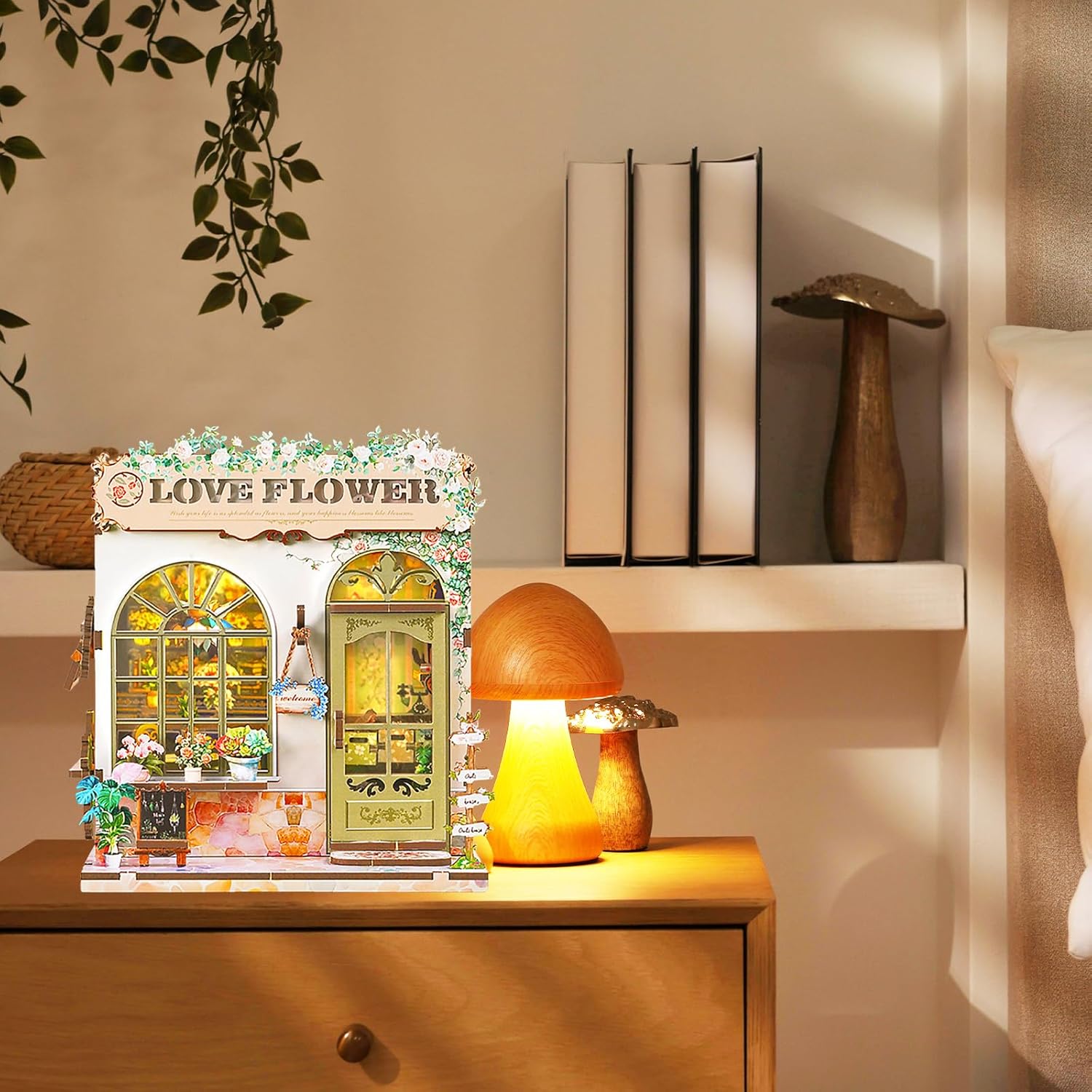 Book Nook Kit – DIY Miniature House Kit with LED Light, 3D Wooden Puzzle Bookshelf Insert Decor, Flower Shop Style Booknook for Adults and Teens, Creative Gift Idea