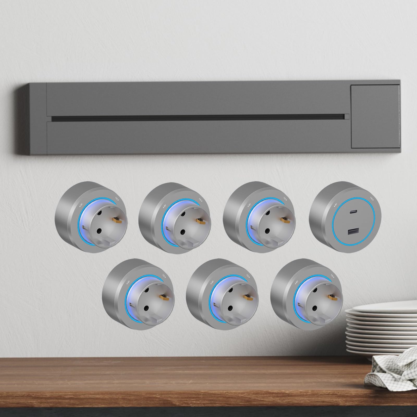 Multipresa A Parete, 8000W Ciabatta Elettrica Multipresa, Con Adattatori Per Prese CA Da 3/4/5/6/7/8 E Porta Di Ricarica USB-A/C, Per Cucine E Soggiorni Moderni(Gray,80cm)