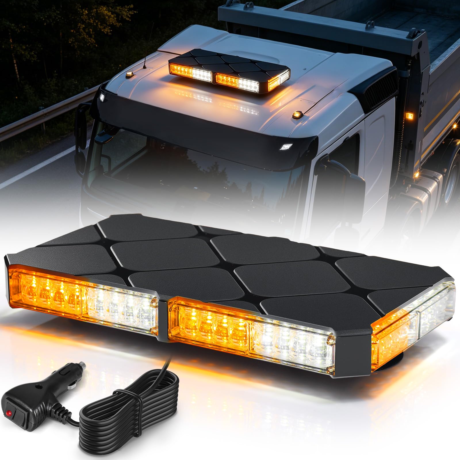 Lampa LED dookoła, żółta, biała, z funkcją pamięci – magnetyczna lampka ostrzegawcza na dach samochodu (130 km/h) – 48 diod LED lampa błyskowa 12 V 24 V z 16 trybami i kablem 4,8 m, IP67 do samochodów