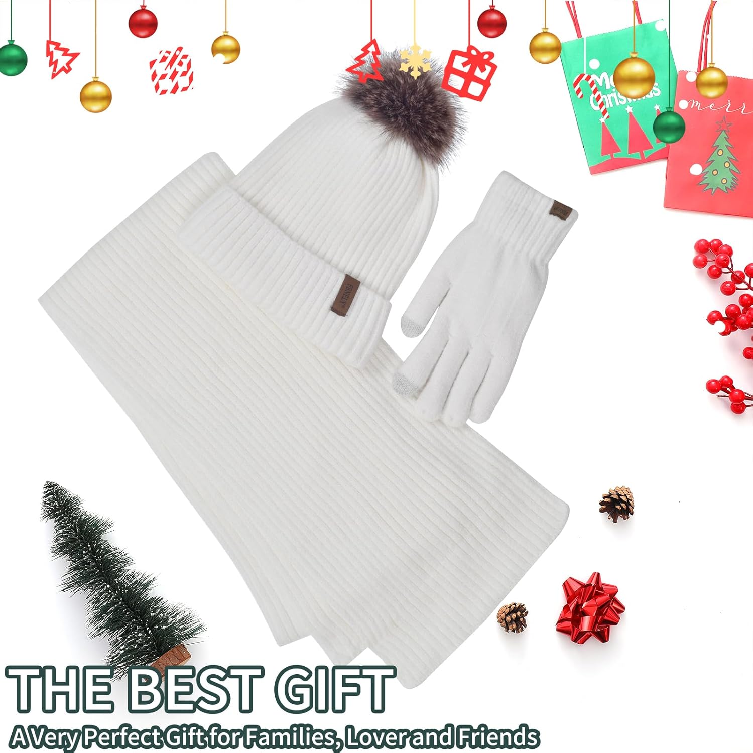 Winter Beanie Hat Scarf Gloves Set for Women, Classic Beanie with Removable Pom Pom Long Scarf Touchscreen Gloves 3 in 1 Set - Image 7