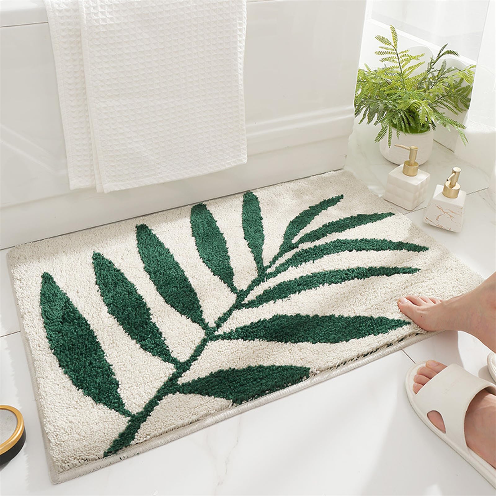 HYTTER Anti-slip Bathroom Door Entrance Mat, Soft Bathroom Rug Entrance Doormat for Inside/Outside, Bathroom - Strong Water Absorption, Quick-drying, Machine Washable (45×65cm - Green Bamboo)